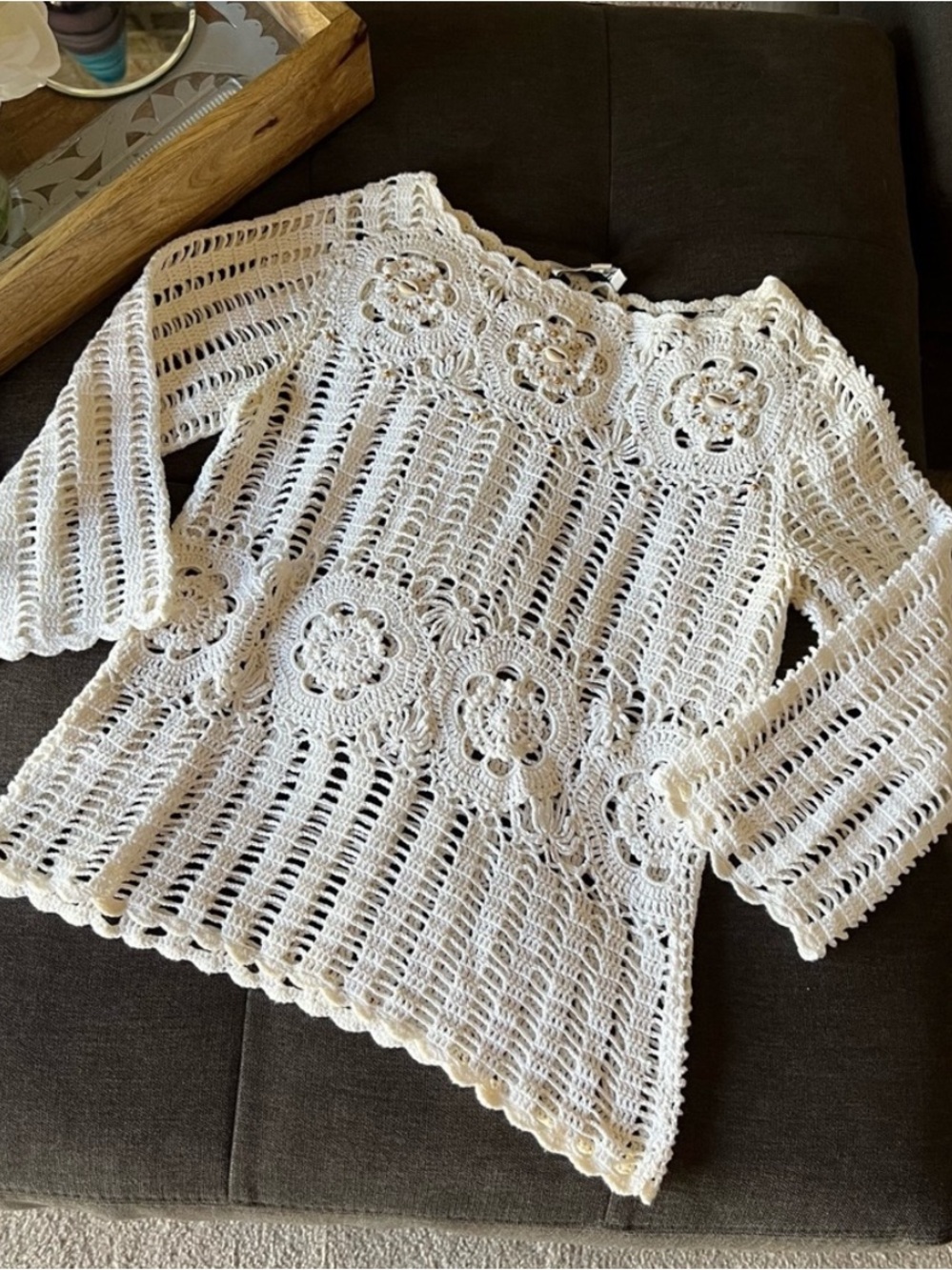 Bright White Terranova Shell Beaded Crochet Knit Top Beach Coverup from Italy